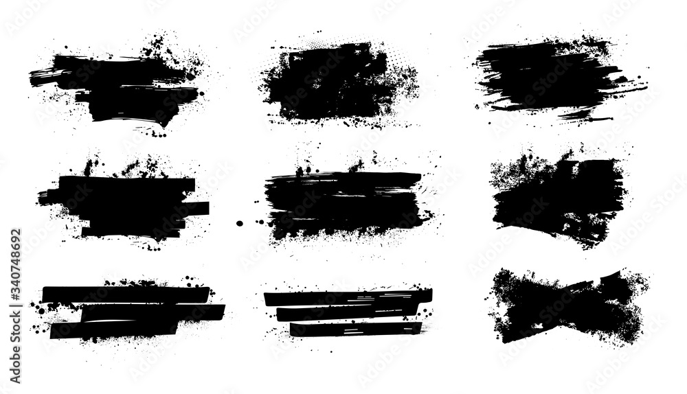 Poster splashes banners grunge for you design. horizontal black splashes with drops blots. isolated set dir