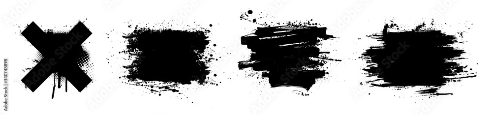 Poster black paint stencil with splashes. ink brush strokes, art composition. dirty artistic design element