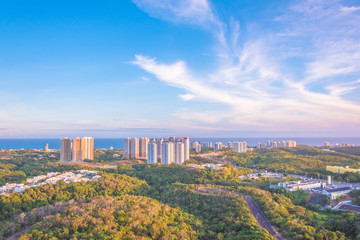 aerial view of the neighborhood of patamares in the city of salvador bahia brazil on a beautiful sunny day at dusk.