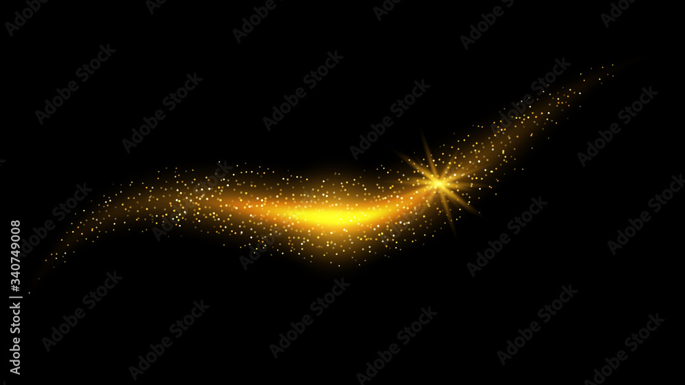 Poster golden abstract background with glitter waves. vector golden sparkling comet tail on black backgroun