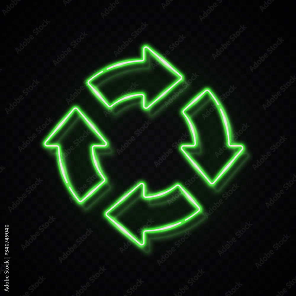 Poster 3d green color neon 4 in circle arrow on dark transparent background. zero waste reuse recycle icon 