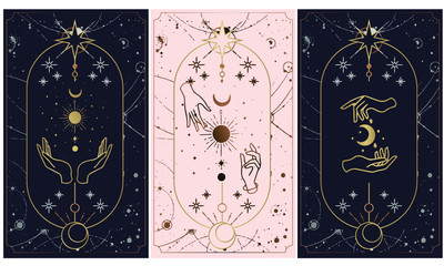 Tarot card gold with chen and pink. Magical occult tarot card set. Engraving vector illustration. Cards isolated on white background for poster, sticker, template.