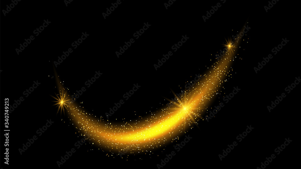 Poster golden abstract background with glitter waves. vector golden sparkling comet tail on black backgroun