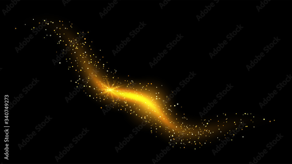 Poster golden abstract background with glitter waves. vector golden sparkling comet tail on black backgroun
