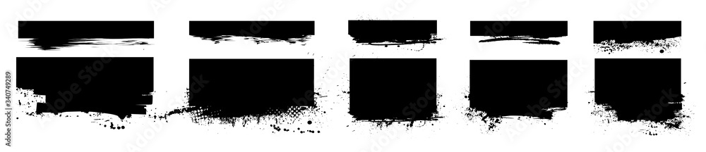 Poster Isolated set brushstroke with ink splashes. Dirty artistic design element, box, ink background for text. Black ink splatter, dirty stains with drops, silhouette dirty grunge effect. Vector collection