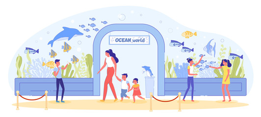 Kid and Adult Watch Sea Fish at Aquarium Excursion