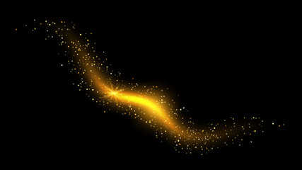 Golden abstract background with glitter waves. Vector golden sparkling comet tail on black background. Vector abstract shiny color sparkle wave design element with glitter effect on black backdrop.
