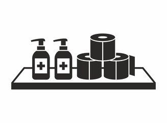 Toilet paper and hand sanitizer on the shelf icon. Vector icon isolated on white background.