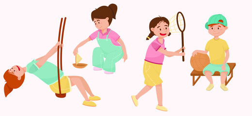 Set of four cartoon children playing. They are dressed in colorful clothes. Girl catches butterflies with a butterfly net. The boy holds a basketball ball and sits on a bench. A girl launches a toy bo