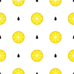 Foto op Plexiglas Citroen Naadloos patroon met citroenen op witte achtergrond, vectorillustratie