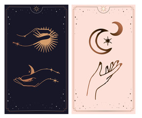  Feminine hand logo collection with different symbol like space star planet, floral herb, moon and sun, heart love, eye, fire, drop - obrazy, fototapety, plakaty