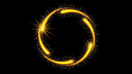 Vector abstract glitter ring fireworks with shiny color sparkle and gold stars on black background. Color golden glitter fireworks. Fire swirl golden ring for celebration on festive design.