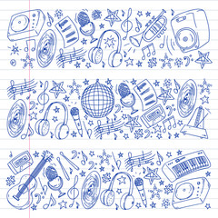 Online internet music education. Musical pattern for posters, banners. Festival, karaoke, disco, rock.