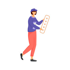 Female customer with rating table flat color vector faceless character. Buyer feedback, product quality assessment isolated cartoon illustration for web graphic design and animation