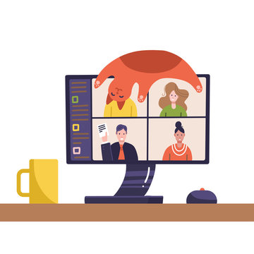 Video conference. People image on computer screen. Desk with cat lying on monitor, PC mouse, mug. Web conferencing.Online webinar.Live stream with colleagues. Distant communication.Vector flat design