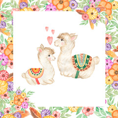 Watercolor cute baby and mother alpaca card illustration. Bright mexican florals card template clipart. white lama baby shower clipart. Summer time. love, heart, mother day, baby shower graphics
