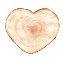 Watercolor heart wood slice illustration. Hand painted wedding wooden decoration. Card template.