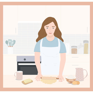A young woman is cooking pastries in the kitchen. Vector illustration