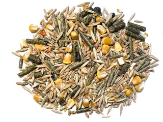 Food for rodents from oats, grass pellets, animal feed, corn, wheat Isolated on a white background.