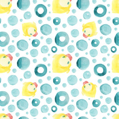 Fototapeta premium Watercolor hand drawn seamless pattern with a rubber duck.