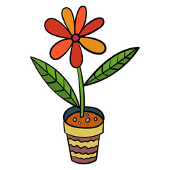Cartoon doodle flower with leaves in pot isolated on white background. Vector illustration. 