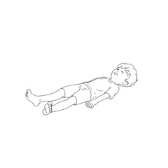 Kids Yoga - Joga für Kinder, Asana Meditation Ruhe, horizontal Banner Design Concept Cartoon. Junge barfuß in Yoga Haltung, macht fröhliches Gesicht. Yogi Logo auf Hintergrund in weiß.