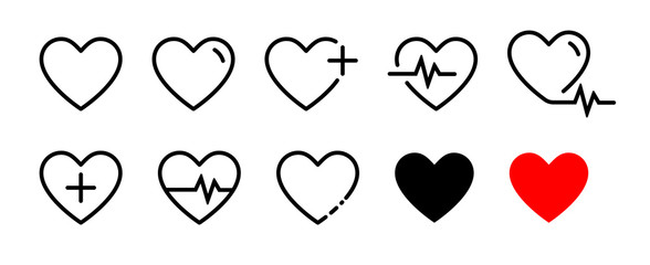 Heart vector icons. Set of heartbeat icon on isolated background. Symbol cardiogram heart logo in linear style. Vector illustration - 340752833