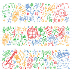 Musical pattern for posters, banners. Music festival, karaoke, disco, rock.