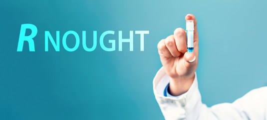 R Nought theme with a doctor holding a laboratory vial on a blue background