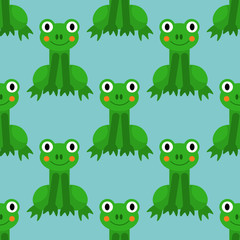 Obraz premium Cartoon frog seamless pattern in flat style. Animal background. Vector illustration. 