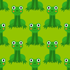 Obraz premium Cartoon frog seamless pattern in flat style. Animal background. Vector illustration. 