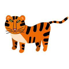 Fototapeta na wymiar Cartoon happy tiger in flat style isolated on white background. Vector illustration. 