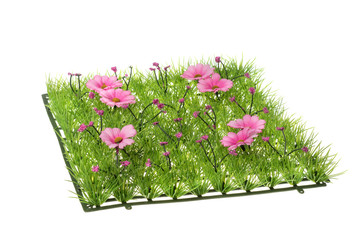 Decorative fake grass tile with flowers, isolated on white