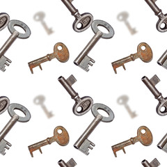 Old keys on white seamless texture or pattern