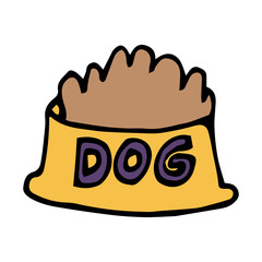 Cartoon doodle linear dog food in the bowl isolated on white background. Vector illustration. 