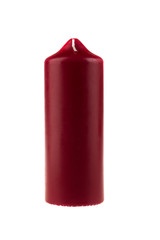 New standing red wax candle, isolated on white background