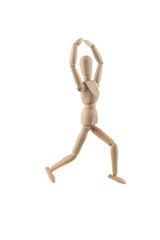 Wooden human model dummy doll in a pose, isolated on white background
