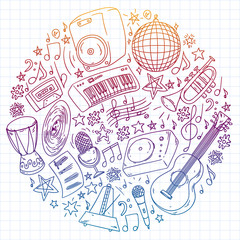 Musical pattern for posters, banners. Music festival, karaoke, disco, rock.