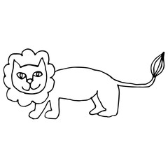 Cartoon doodle linear lion isolated on white background. Vector illustration.  