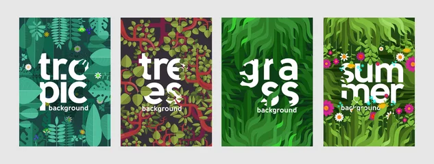 Poster Flat vector illustration. Set of covers. Backgrounds on summer theme. Leaves, grass, trees, flowers. © Molibdenis-Studio