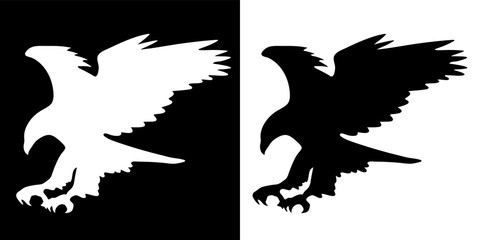 Majestic Eagle in Flight Silhouette, Wings Spread, Isolated Black and White Vector Illustration 