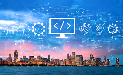 Web development concept with downtown Chicago cityscape skyline with Lake Michigan