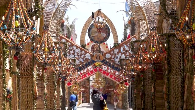 Traditional Sicilian festival of the Easter Arches in San Biagio Platani made with cereals, legumes, pasta, bread and other genuine materials.