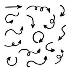 Vector set of curved arrows pointing in different directions. Hand drawn, doodle elements isolated on white background