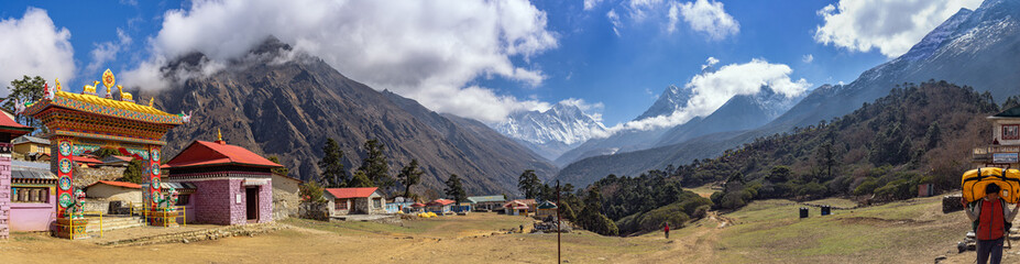 Tengboche is a village in Nepal, located at 3867 metres. Tengboche Monastery, which is the largest Buddhist gompa in the Khumbu region. Panorama.