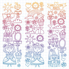 Fototapeta na wymiar Vector pattern for little girls. Princess illustration for happy birthday party.