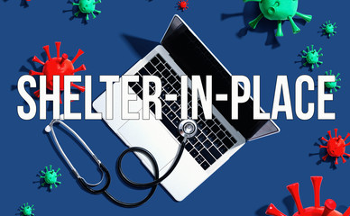 Shelter in place coronavirus theme with stethoscope and laptop computer