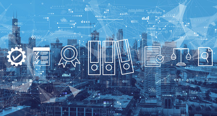 Compliance theme with downtown Chicago cityscape skyscrapers