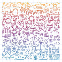 Fototapeta na wymiar Vector pattern for little girls. Princess illustration for happy birthday party.