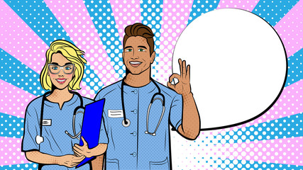 Doctors in pop art style. Background in comic style retro pop art. Illustration for print advertising and web.